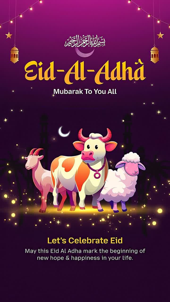 Animazione verticale di auguri per Eid Al Adha con luna crescente, moschea, animali e decorazioni festive con lanterne, tema notturno