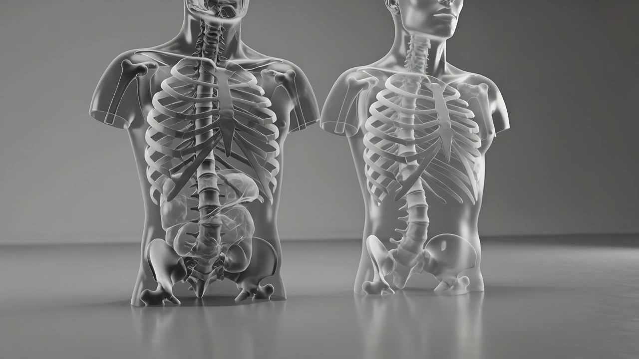 Inizia lo zoom, la telecamera si avvicina a modelli di torso trasparenti accoppiati in uno studio grigio, rivelando le colonne vertebrali.