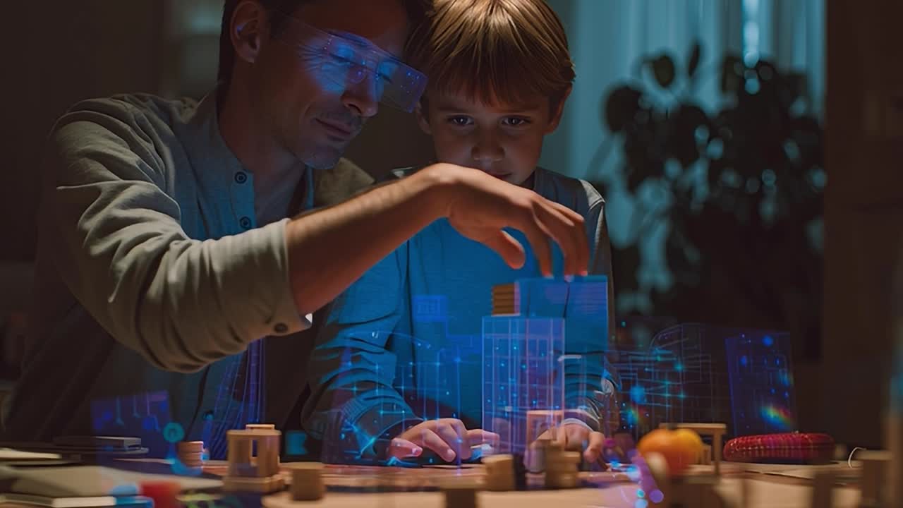 Pai e filho desfrutam de um jogo digital interativo em casa à noite