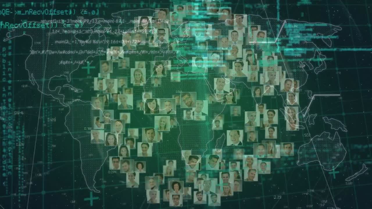 animación de la interfaz infográfica y mapas sobre personas multirraciales fotografías que forman el globo