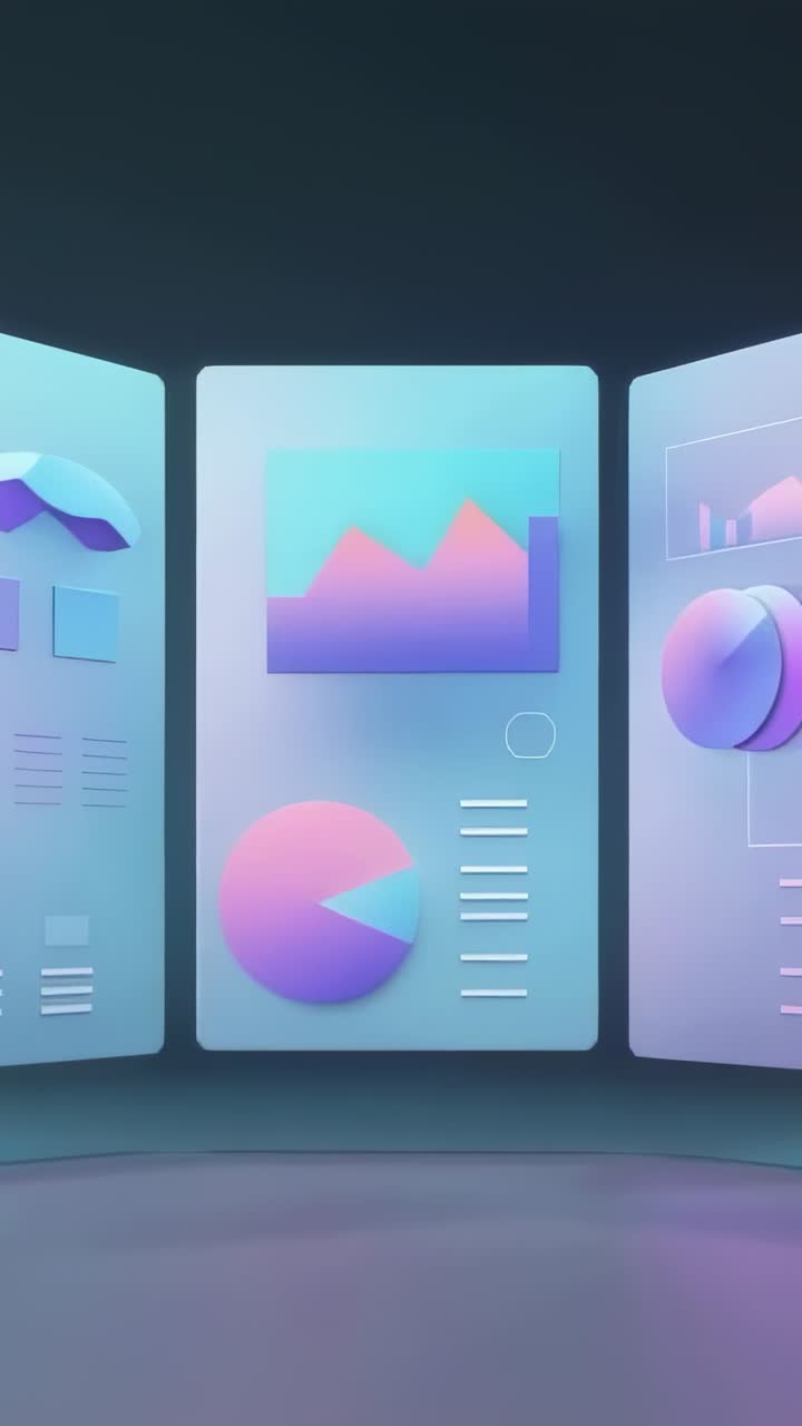 Vertical video: Displaying panels showing looping 3D charts in data room, with neon reflections