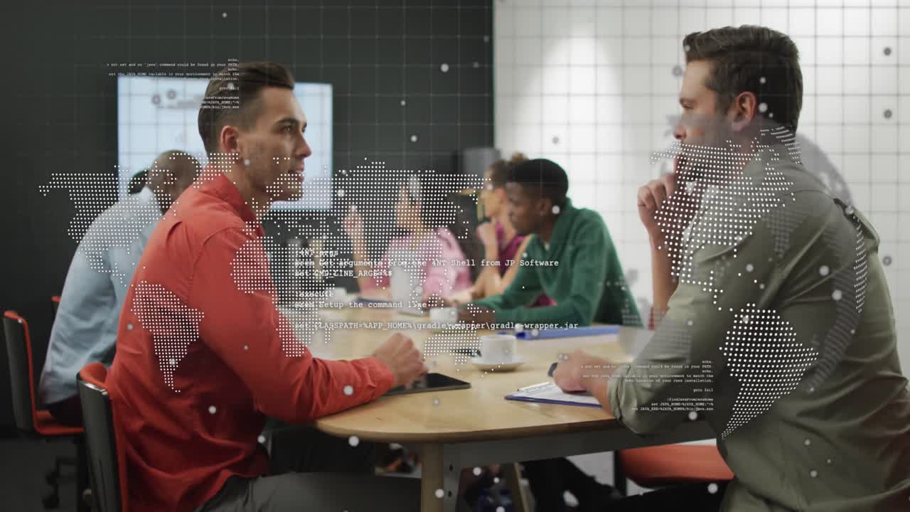 Animation of dots, map and computer language over diverse coworkers discussing reports in office