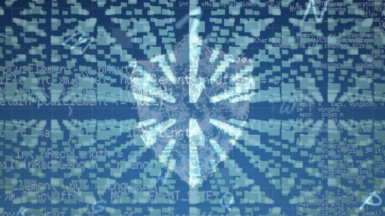 파란색 배경 위에 디지털 데이터 처리 및 qr 코드의 애니메이션