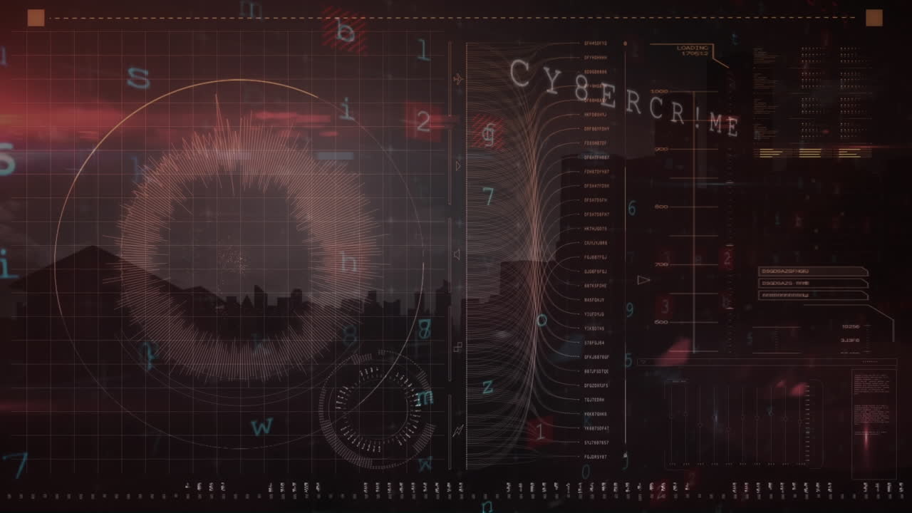 Animation of abstract pattern in circle with multiple texts and alphabets and loading bars