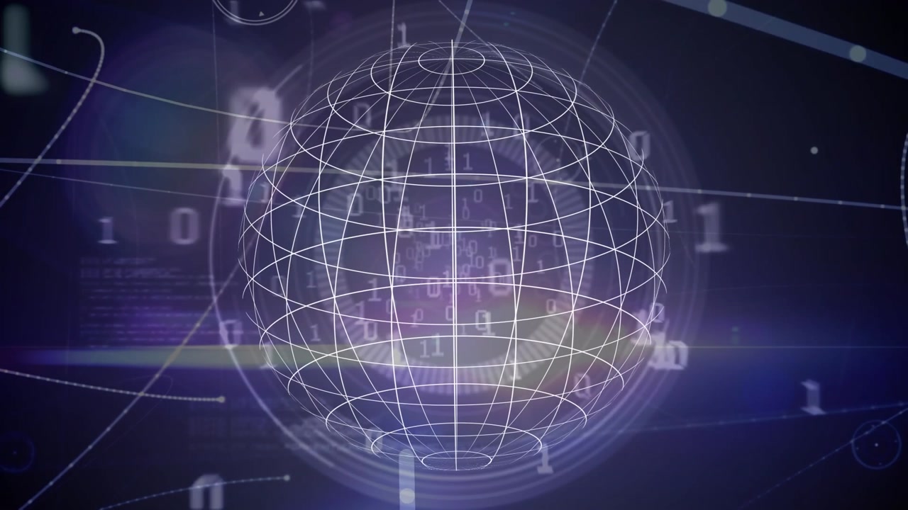 Animation of network of connections with globe and data processing on black background