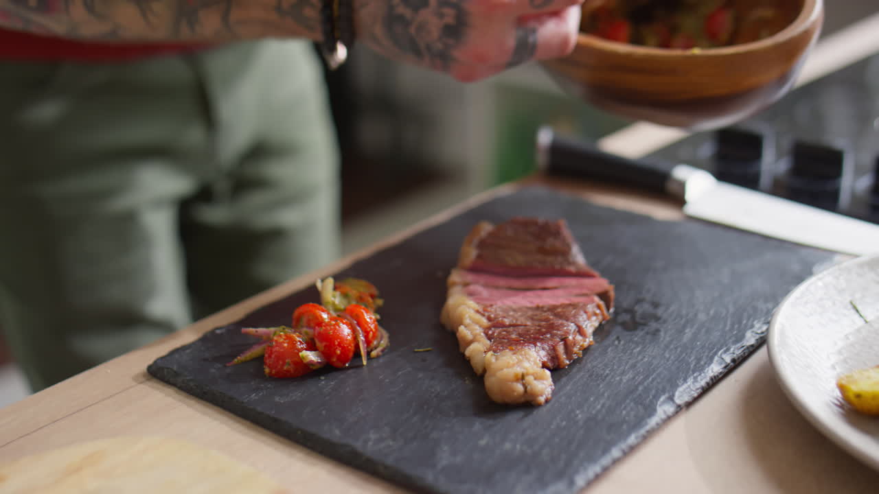 Serving Steak with Salad on Side