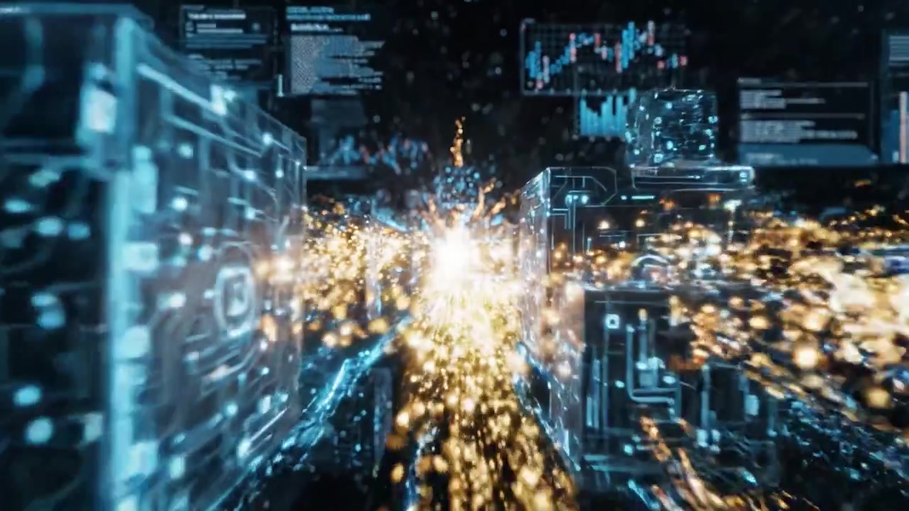 En dynamisk reise gjennom et digitalt landskap av levende partikler og teknologi, som viser en høyhastighetstransformasjon av data og visuelle forbindelser