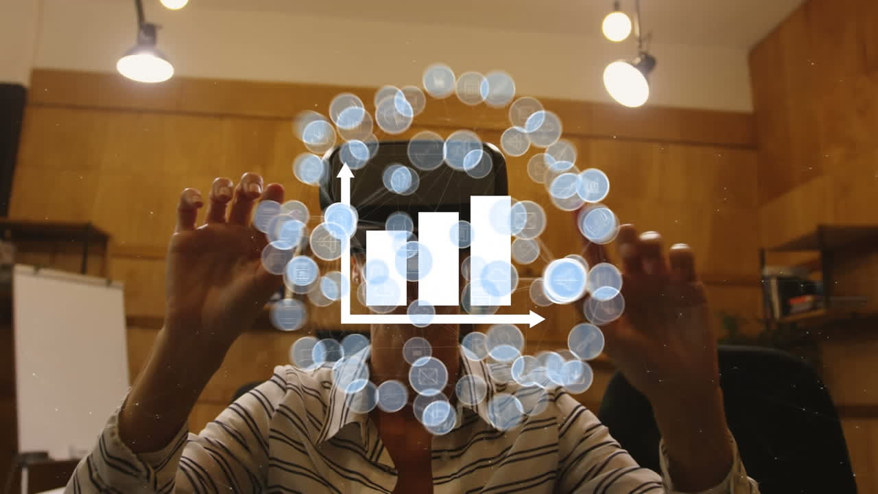 animación del globo con red de conexiones y estadísticas sobre la mujer de negocios que usa auriculares vr