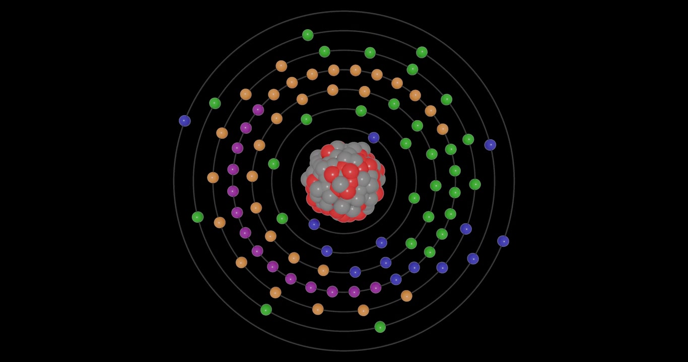 3D animation of a Radium ( Ra, Z=88) atom on a transparent background showing shells, subshells, electron orbit, and nucleus with protons and neutrons, illustrating atomic structure and energy levels.