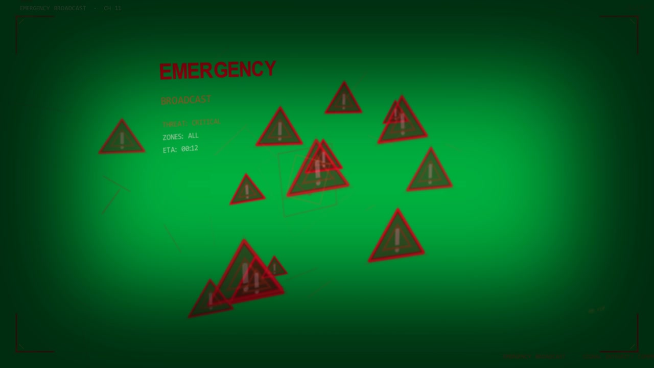 Red alert icons orbiting orange core, pulsing on transparent bg, EMERGENCY HUD fading in for alarm