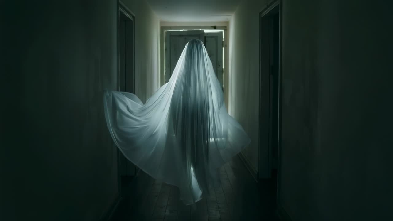 Doorway opening sending veiled figure gliding down corridor kneeling depositing veil on floorboard