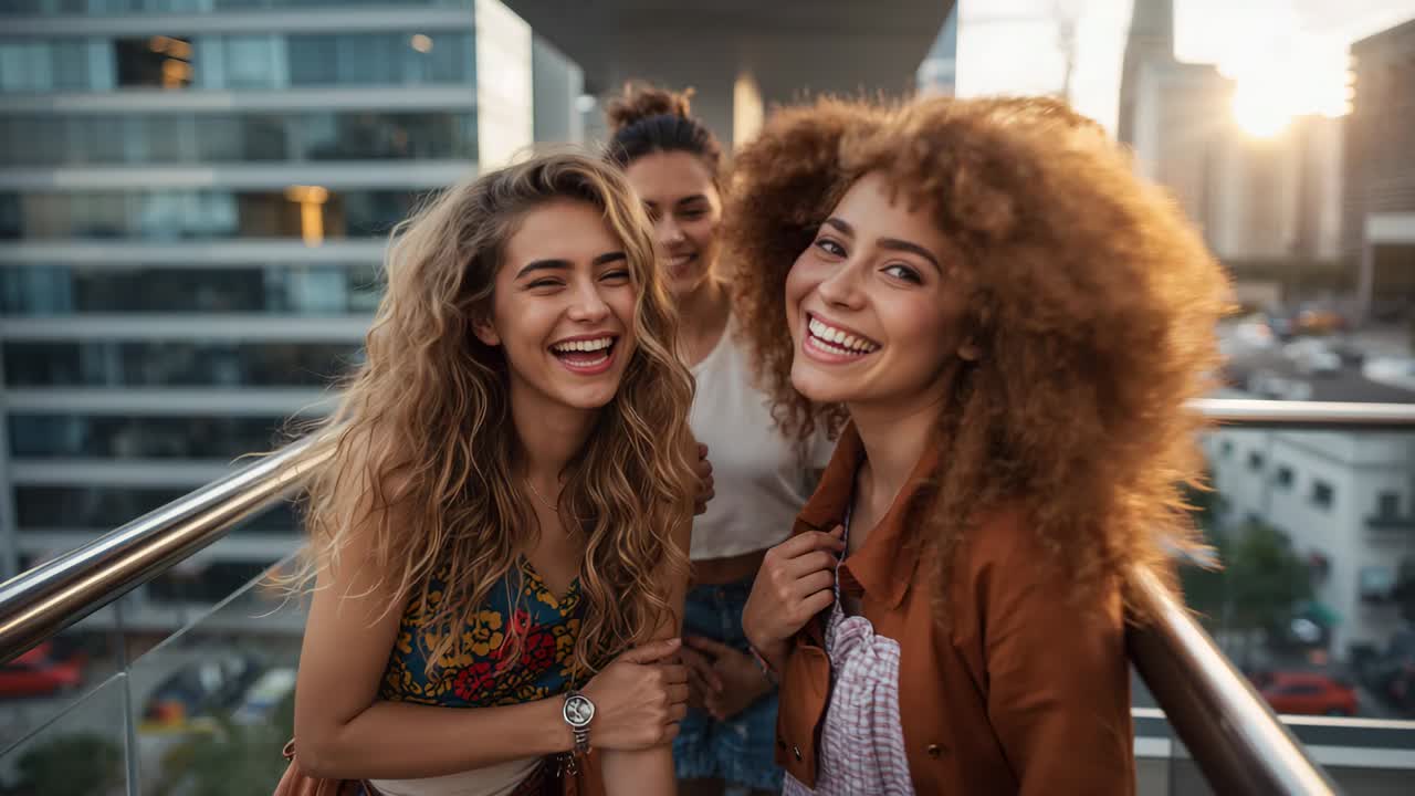 Tre donne sorridenti appoggiate alla ringhiera di un balcone mentre la camera si avvicina per un ritratto all'ora d'oro
