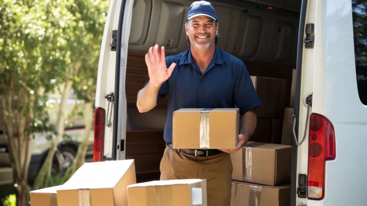 A delivery person waves while holding a package, standing by a van filled with boxes