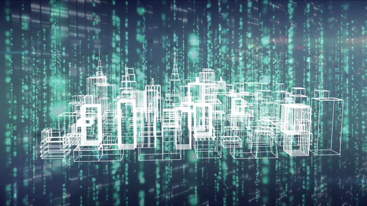 анимация проекта города метаверса, вращающегося над обработкой данных в черном и зеленом пространстве
