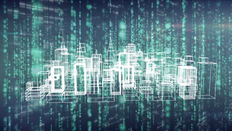 animation of metaverse city project rotating over data processing in black and green space