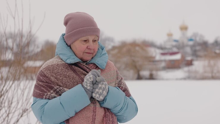 Donna anziana in un paesaggio invernale