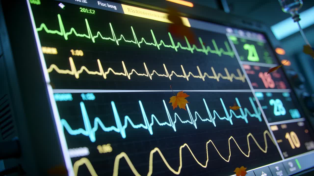 Monitor medico che mostra ECG e respirazione, con foglie che compaiono e ondeggiano, e telecamera che si sposta per i parametri vitali.
