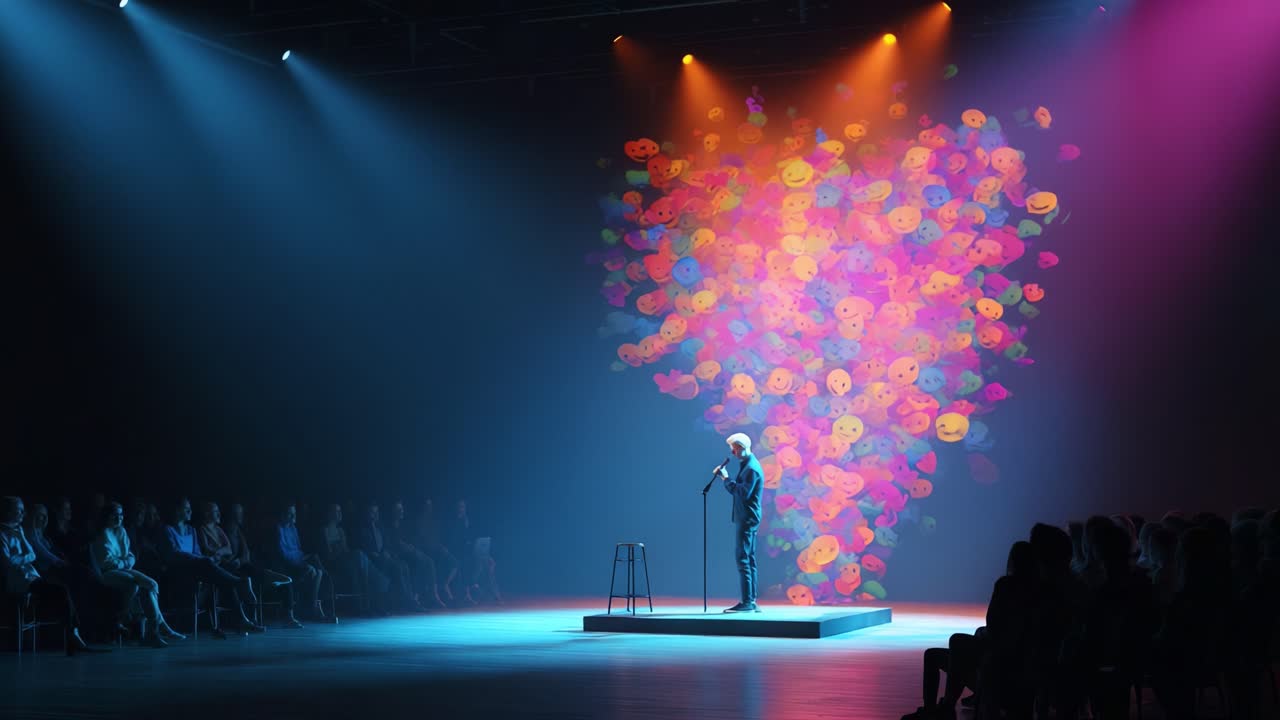 A captivating performance on stage where an artist stands in front of an enchanting heart-shaped backdrop made up of vibrant colors, evoking emotions and engagement from the audience