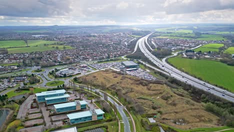 aerial drone cinematic video footage of the m1 motorway near the city of wakefield, west yorkshire, uk