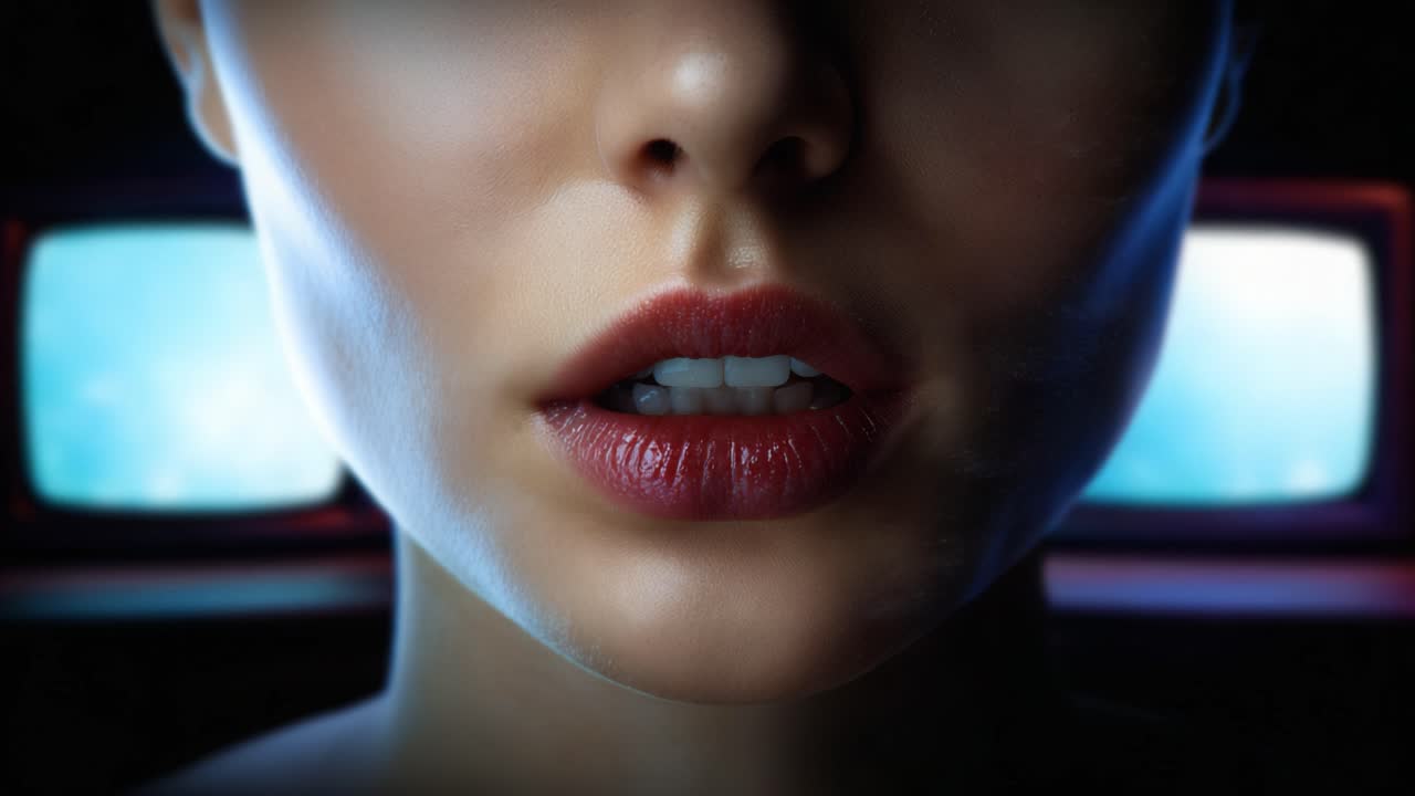 Un sorprendente ritratto digitale che rivela il volto di una donna parzialmente oscurato da effetti glitch, mentre una luce eterea emana da schermi televisivi retrò dietro di lei.