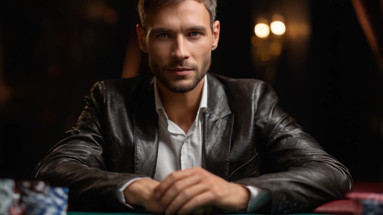 Selvsikker gambler poserer ved et casinobord: En stilfuld mand i læderjakke med pokerchips og et alvorligt udtryk, klar til at gøre sit træk.