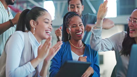 success, high five or business people applause