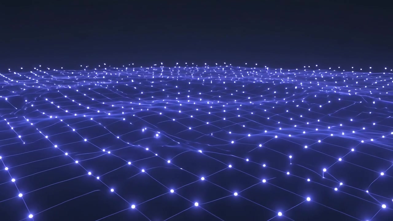 Camera moving forward revealing lit grid mesh undulating in dark void pulsing to show signals