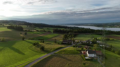 the serene greifensee in switzerland with lush green fields and a calm lake, aerial view