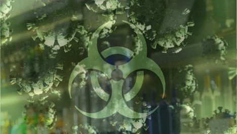 animation of covid 19 cells floating over biohazard symbol and empty bar