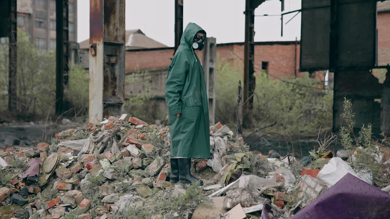 Survivor in destructed place. Human in protective clothing and respirator standing on a pile of garbage in abandoned place. High level of radiation.