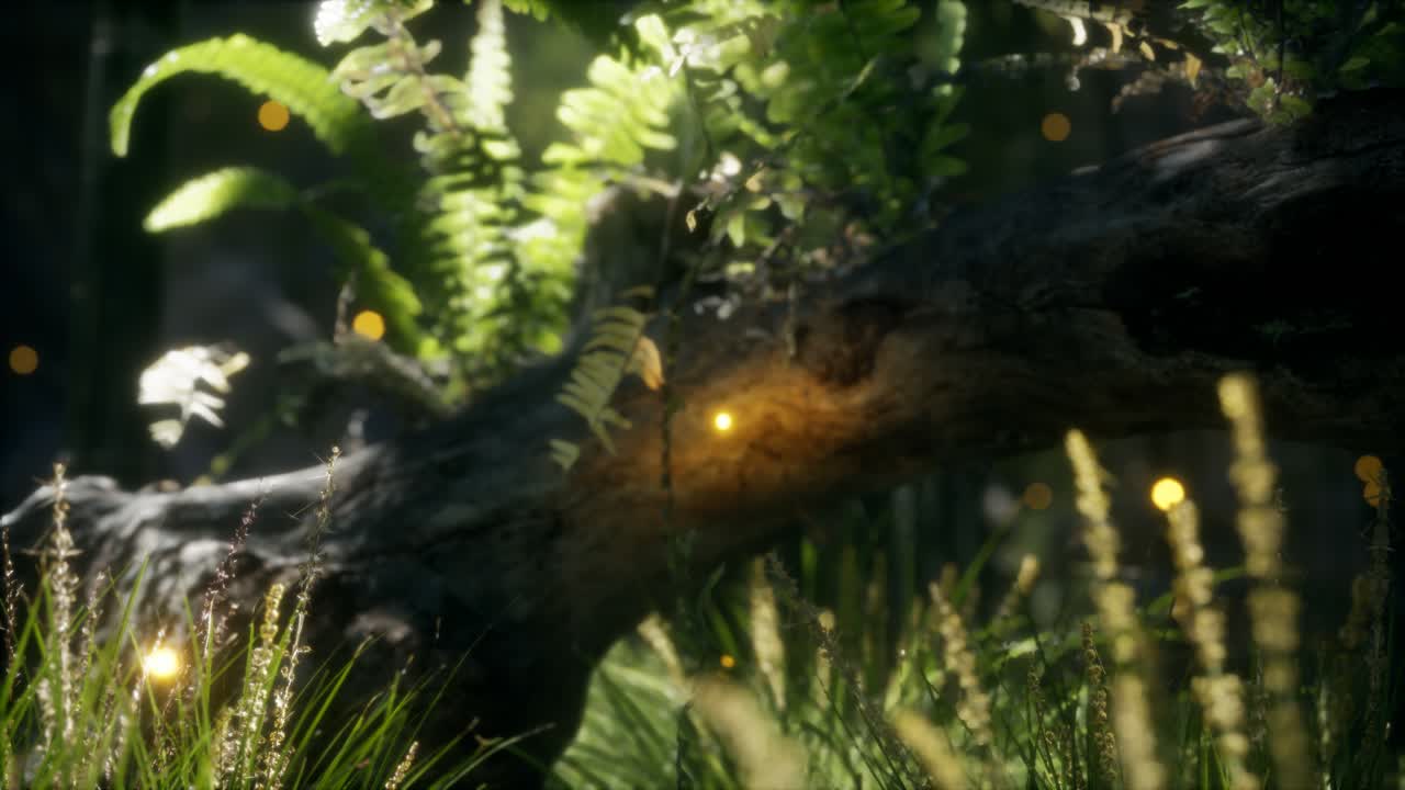 horizontally bending tree trunk with ferns growing, and sunlight shining