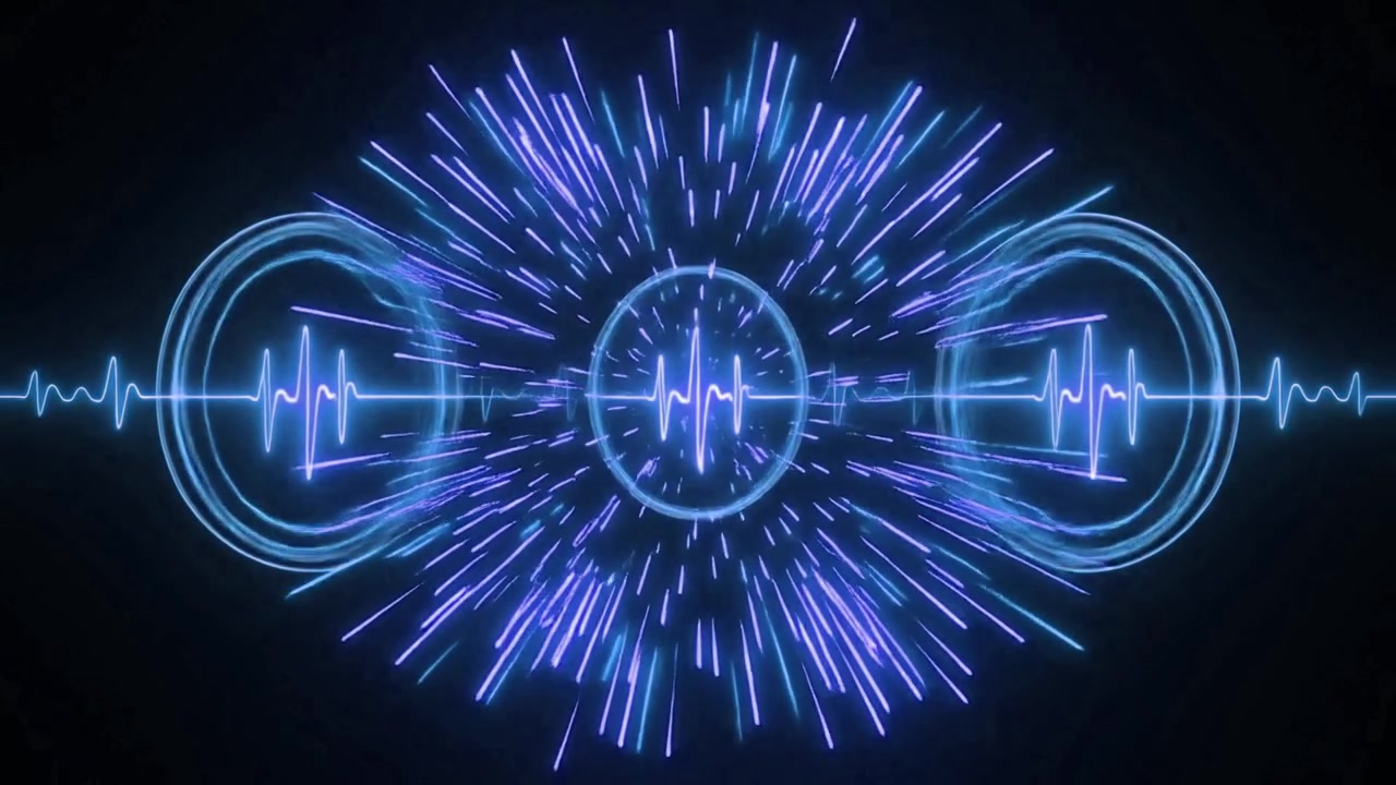 Abstract Neon Blue Audio Waveform Visualization with Expanding Light Effects