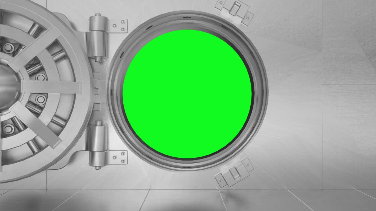 Apertura di una porta circolare di un caveau bancario, cassetta di sicurezza, su sfondo chroma key.