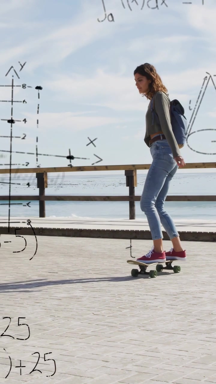 Video verticale: Donna che si spinge mentre scivola su una tavola in riva al mare, con una sovrapposizione STEM che la guida oltre una colonna.