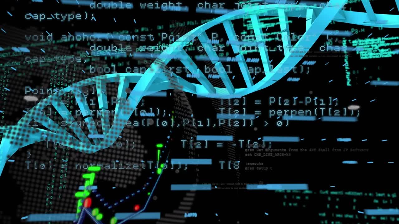 Animation of graph and data processing over dna strand on black background