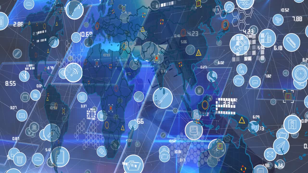 블루 배경 위에 미디어 아이콘과 세계 지도의 애니메이션