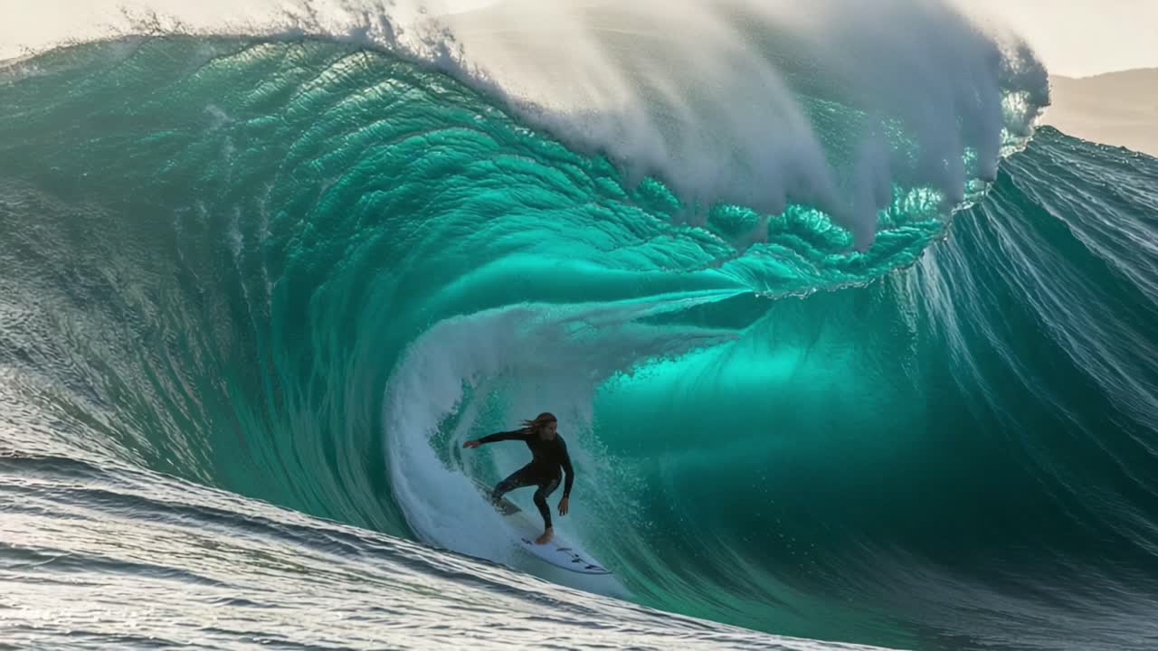 Un surfista padroneggia l'arte di cavalcare le onde: immagini accattivanti mostrano l'emozione e la potenza del surf attraverso acque turbolente e maestose onde oceaniche.