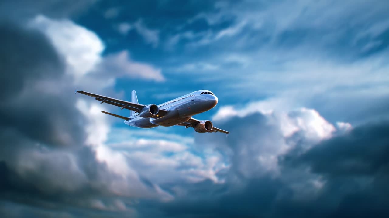 Un aereo maestoso si libra elegantemente in un cielo vivido, planando tra le nuvole soffici come cotone, mettendo in mostra le meraviglie dell'aviazione e l'esperienza di viaggio