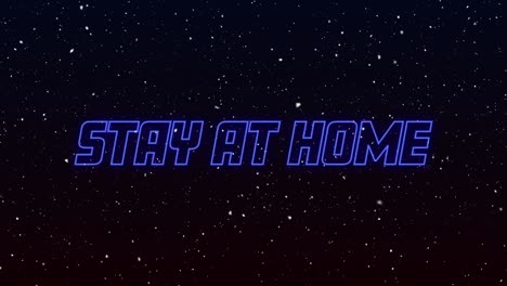 animation of snow falling over stay at home text in neon on black background