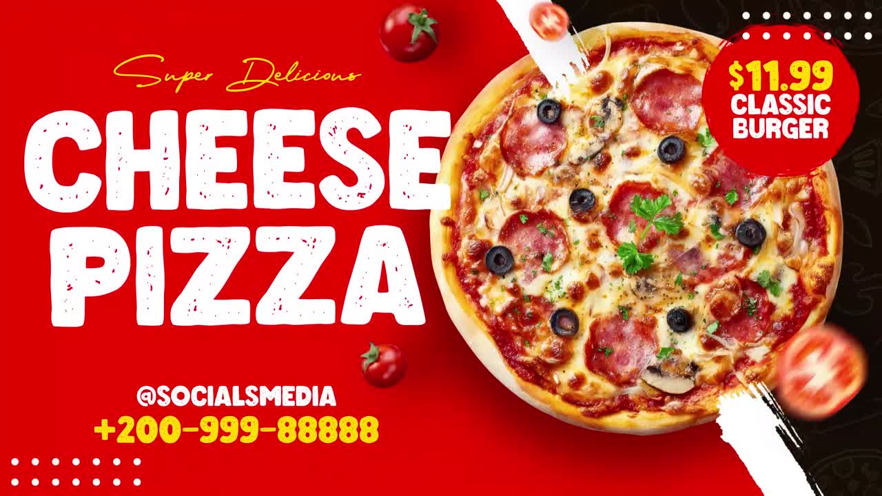 Deliziosa pizza al formaggio con condimenti per pubblicità di ristorante.