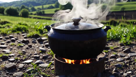 outdoor cooking pot on campfire with smoke and views