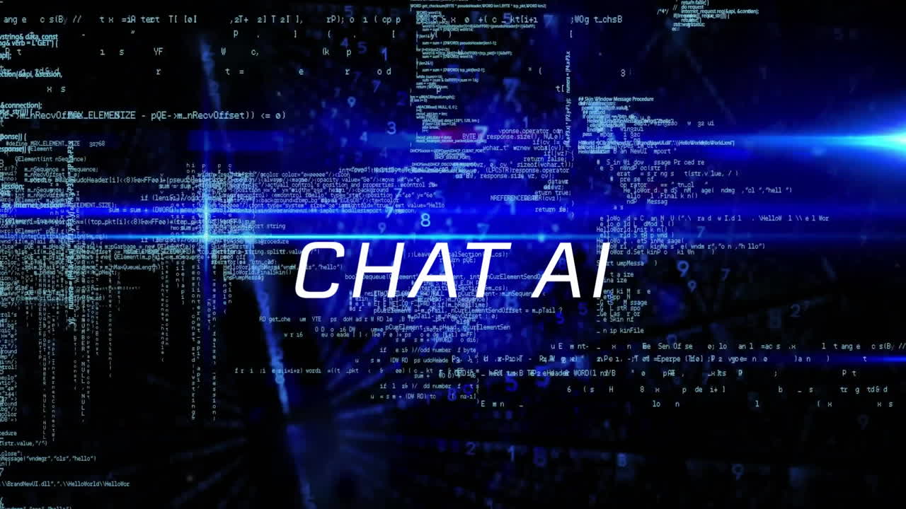 Animation of chat ai and data processing over black background