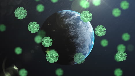 multiple green covid-19 cells floating over spinning globe against blue background