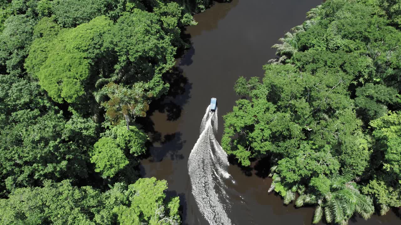 lancha con techo navegando rápido en el río de la jungla sucia en costa rica