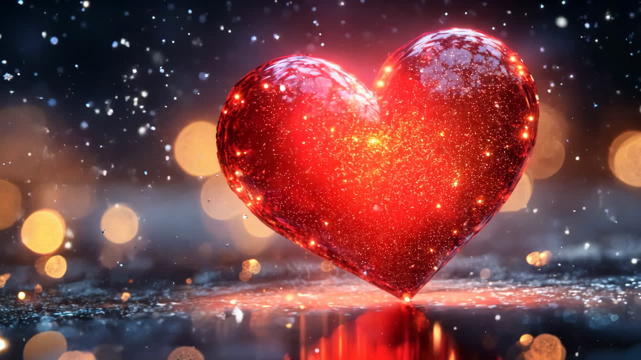 A heart with glitter on it is on a dark background. The heart is surrounded by a blurry background, which gives the image a dreamy and romantic feel