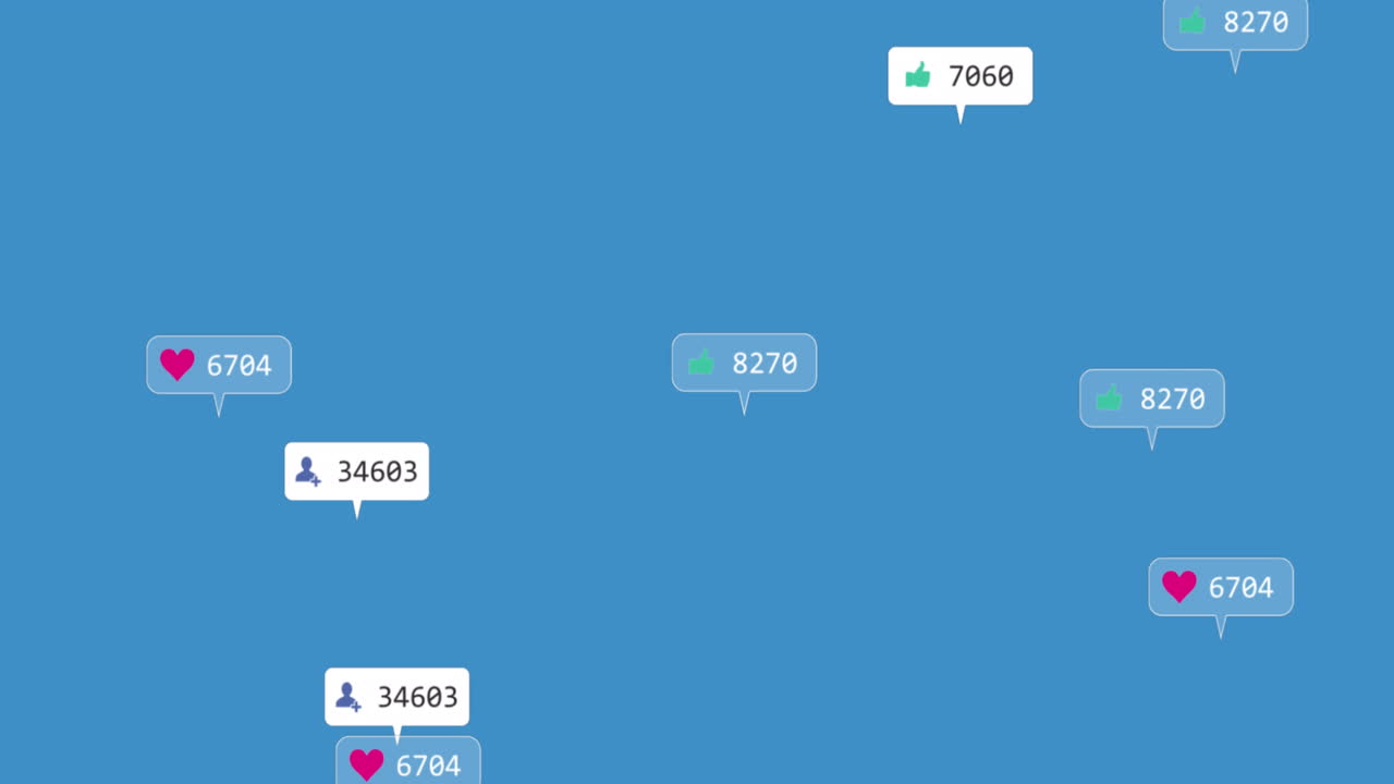 복사 공간과 함께 파란색 배경에 떠 있는 소셜 미디어 아이콘의 애니메이션