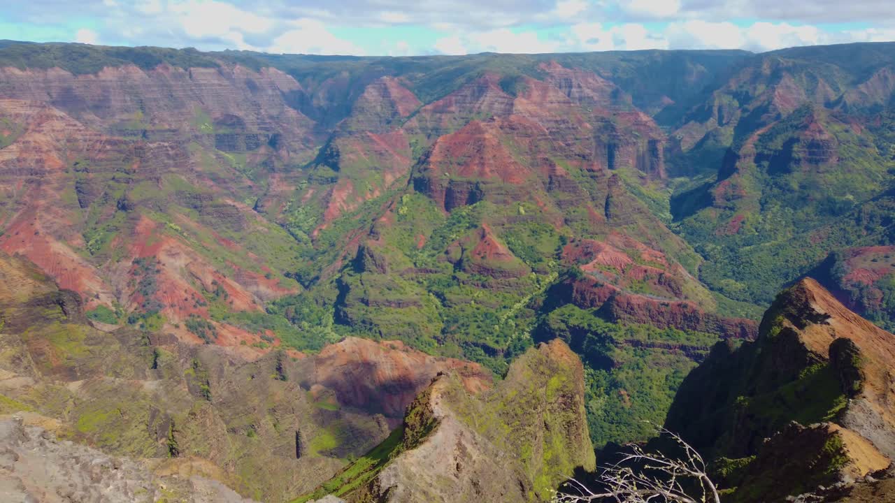 4k hawaii kauai pan de izquierda a derecha del cañón de waimea que termina con turistas en la distancia en un mirador