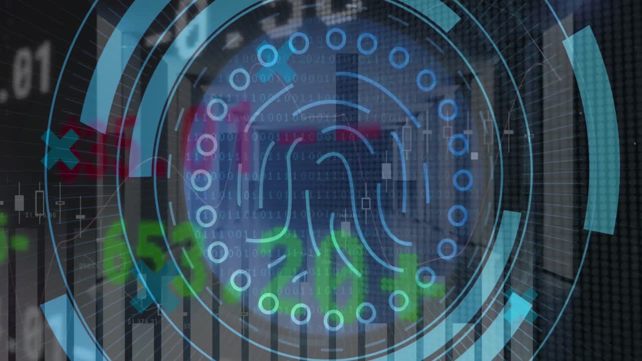 animación de escáner biométrico de huellas dactilares, estadístico, procesamiento de datos del mercado de valores, sala de servidores