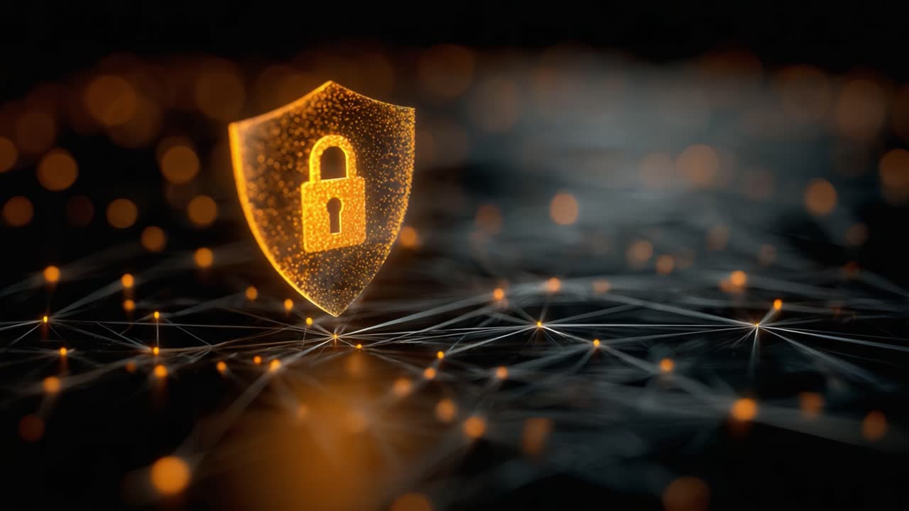A Glowing Shield Representing Cybersecurity: Protecting Data with Digital Lock Symbol Over a Network of Interconnected Nodes and Lights