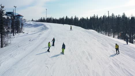 skiers and snowboarders on a snowy mountain slope